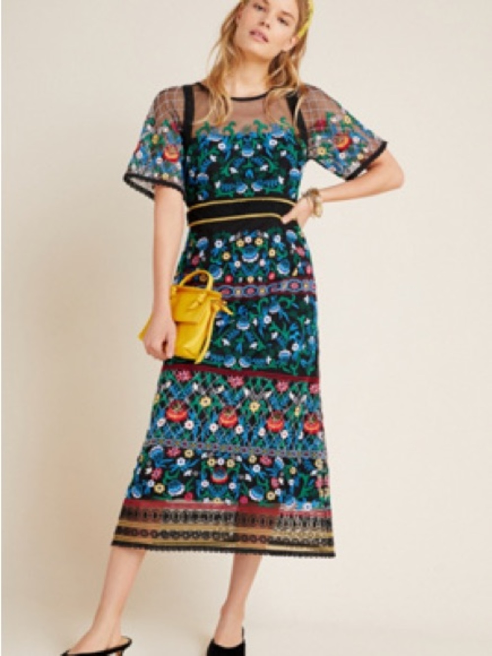 Anthropologie Black Embroidered Floral Midi Dress - Picture 3 of 5